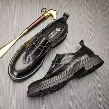 Повседневные кожаные туфли мужские деловые низкие туфли с круглым носком из натуральной кожи в британском стиле мужские маленькие кожаные туфли 38 чёрный