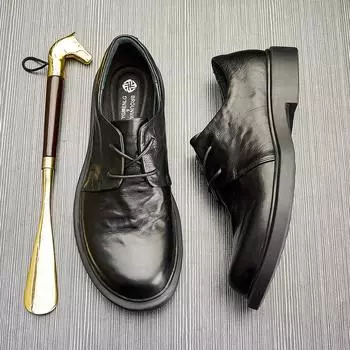 Повседневные кожаные туфли мужские весна-лето британский стиль кожаные низкие туфли на шнуровке дышащие круглые деловые туфли маленькие кожаные туфли 37 чёрный