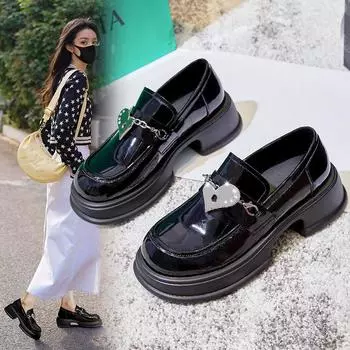 Повседневные кожаные туфли с металлическим украшением, женские, 2024 г., новые, простые, универсальные, с толстой подошвой, женские туфли Мэри Джейн, осеннее время 34 чёрный