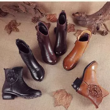 Повседневные кожаные туфли в этническом стиле, женские ботильоны с цветочным принтом, женские хлопковые ботинки с мягкой подошвой и цветочным принтом, осень-зима, новинка 35 чёрный