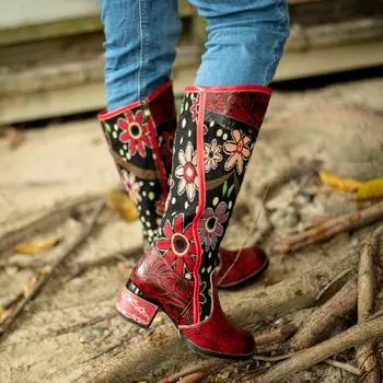 Повседневные кожаные женские сапоги с ретро-цветочным принтом, регулируемые женские сапоги до колена, высокие сапоги 36 красный