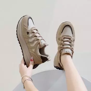 Повседневные кроссовки для женщин Удобные кроссовки для бега Кроссовки для ходьбы на толстой платформе Женские теннисные кроссовки из дышащей искусственной кожи со шнуровкой 35 бежевый