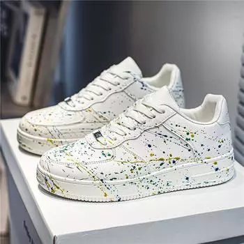 Повседневные кроссовки из кожи, скейтборд, круглый носок, модная мужская повседневная обувь, мягкая и удобная нескользящая обувь, брызги чернил 40 белый