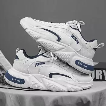 Повседневные кроссовки Мужская повседневная обувь Кожаные туфли Круглый носок Мужские осенние кроссовки Нескользящая обувь Мягкие и толстые подошвы Мужские кроссовки 39