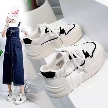 Повседневные кроссовки на платформе для женщин, нескользящие массивные прогулочные туфли из искусственной кожи на шнуровке, женские летние дышащие спортивные кроссовки с сеткой, теннисные кроссовки 35