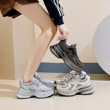 Повседневные кроссовки на толстой платформе для женщин, дышащие нескользящие кроссовки для ходьбы, осенне-весенние кроссовки для папы на шнуровке, женская спортивная теннисная обувь 35 серебряный серый