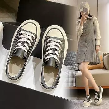 Повседневные кроссовки на толстой подошве, летние новые женские туфли-муффины с круглым носком, на шнуровке, двухсторонние белые туфли 35 чёрный