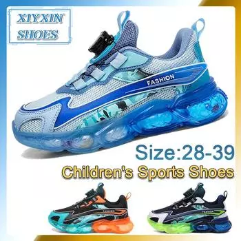 Повседневные крутые низкие сетчатые кроссовки с вращающейся кнопкой для мальчиков, дышащие амортизирующие кроссовки для бега на все сезоны 35/215MM синий