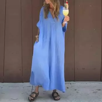 Повседневные льняные макси-платья для женщин, летние свободные коктейльные платья без рукавов для вечеринок и отдыха L синий