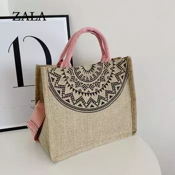 Повседневные льняные сумки с ручками, женские сумки на плечо большой вместимости, сумки высокого качества, летние пляжные сумки 30*16*26cm розовый