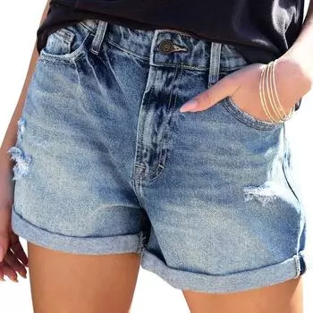 Повседневные летние модные женские джинсовые шорты с тонкими отверстиями S синий