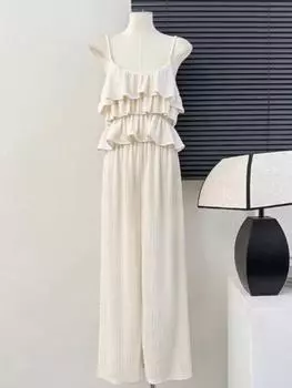 Повседневные летние однотонные новые комплекты из двух предметов, женские сексуальные топы с воланами + свободные брюки с высокой талией, женские шикарные элегантные лоскутные вечерние пляжные костюмы one size белый