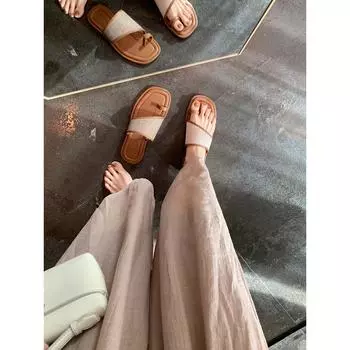 Повседневные летние тапочки с квадратным носком и соломенной отделкой на плоской подошве женские 2024 г. новые 35 коричневый