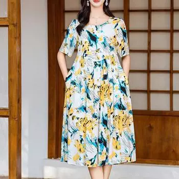 Повседневные летние женские платья, элегантное свободное платье больших размеров с коротким рукавом и винтажным принтом, длинное платье, женская летняя одежда XL