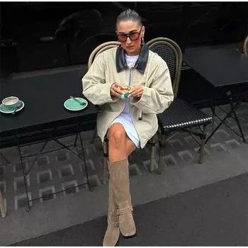 Повседневные лоскутные лацканы куртки женские элегантные контрастные карманы на молнии с длинным рукавом пальто осенние женские новые свободные топы верхняя одежда S бежевый