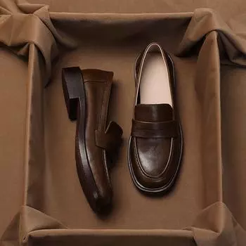 Повседневные маленькие кожаные туфли без шнуровки из мягкой кожи в британском стиле ретро 40 чёрный