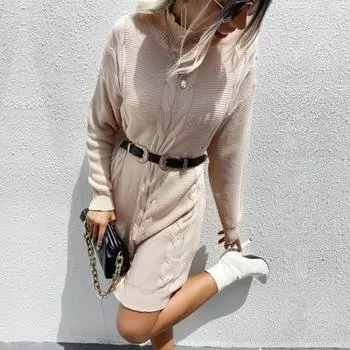 Повседневные модные и элегантные осенне-зимние свободные женские однотонные платья-свитера с длинными рукавами и полувысоким воротом S абрикосовый