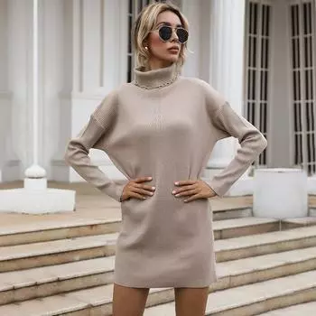 Повседневные модные и элегантные осенние однотонные свободные платья-свитера с длинными рукавами и полосками S хаки