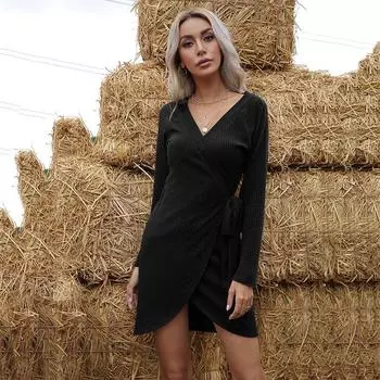 Повседневные модные и элегантные осенние женские однотонные платья-свитера с длинными рукавами и V-образным вырезом S чёрный