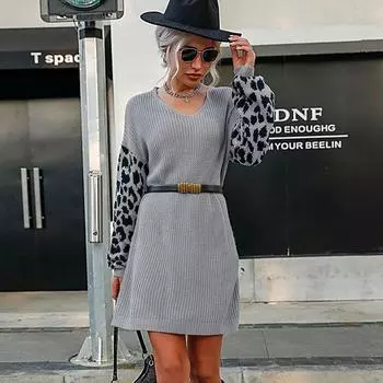 Повседневные модные и элегантные женские модели осень-зима, цветные леопардовые платья-свитера S серый