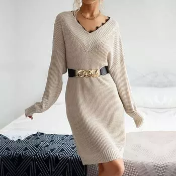 Повседневные модные и элегантные женские однотонные платья-свитера с V-образным вырезом и длинным рукавом с кружевным плетением S хаки