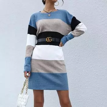 Повседневные модные и элегантные женские платья-свитера с длинными рукавами в стиле колор-блок для ранней осени S синий
