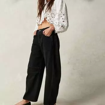 Повседневные модные однотонные свободные прямые женские джинсы со средней талией L чёрный