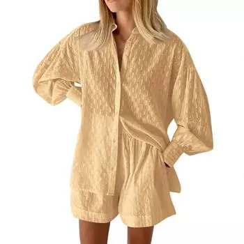 Повседневные модные однотонные женские рубашки с пышными рукавами, элегантные топы, шорты, повседневный костюм M