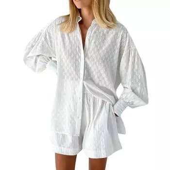 Повседневные модные однотонные женские рубашки с пышными рукавами, элегантные топы, шорты, повседневный костюм XL белый