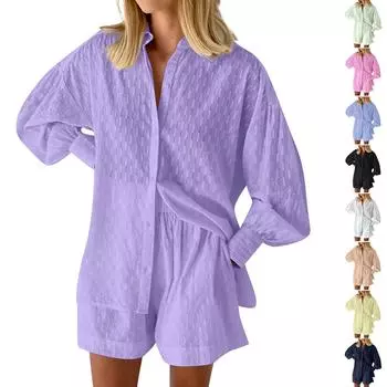 Повседневные модные однотонные женские рубашки с пышными рукавами, элегантные топы, шорты, повседневный костюм L светло-фиолетовый