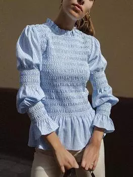 Повседневные модные пышные клетчатые топы с длинными рукавами, женские элегантные футболки с круглым вырезом и рюшами в стиле ретро, женские весенние эстетичные эластичные уличные одежды, одежда S красный