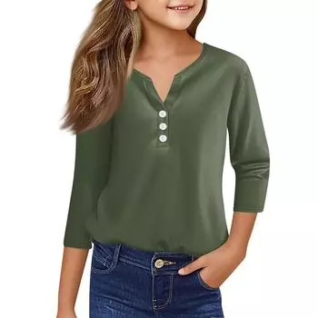Повседневные модные топы для девочек, однотонная футболка с семью рукавами и пуговицами 100 армия зеленый