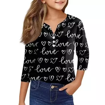 Повседневные модные топы для девочек с принтом, футболка с семью рукавами и пуговицами 100 чёрный