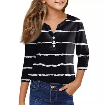 Повседневные модные топы для девочек с принтом, футболка с семью рукавами и пуговицами 100 чёрный