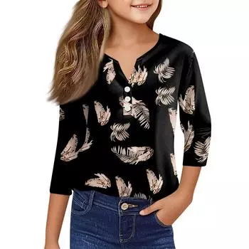 Повседневные модные топы для девочек с принтом, футболка с семью рукавами и пуговицами 100 чёрный