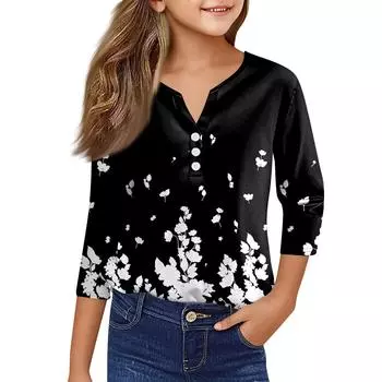 Повседневные модные топы для девочек с принтом, футболка с семью рукавами и пуговицами 100 чёрный