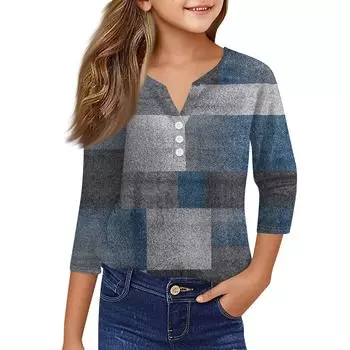 Повседневные модные топы для девочек с принтом, футболка с семью рукавами и пуговицами 100 синий