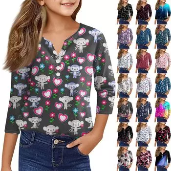 Повседневные модные топы для девочек с принтом, футболка с семью рукавами и пуговицами 100 чёрный