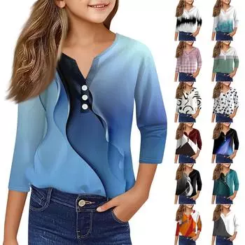 Повседневные модные топы для девочек с принтом, футболка с семью рукавами и пуговицами 100 бежевый