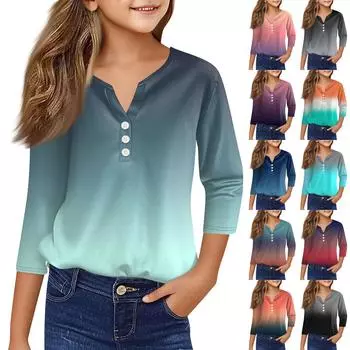 Повседневные модные топы для девочек с принтом, футболка с семью рукавами и пуговицами 100 чёрный