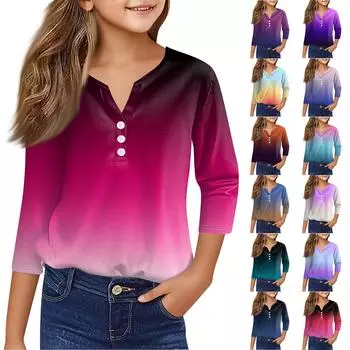 Повседневные модные топы для девочек с принтом, футболка с семью рукавами и пуговицами 100 синий