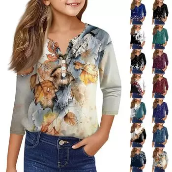 Повседневные модные топы для девочек с принтом, футболка с семью рукавами и пуговицами 100 чёрный