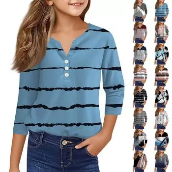 Повседневные модные топы для девочек с принтом, футболка с семью рукавами и пуговицами 100 чёрный