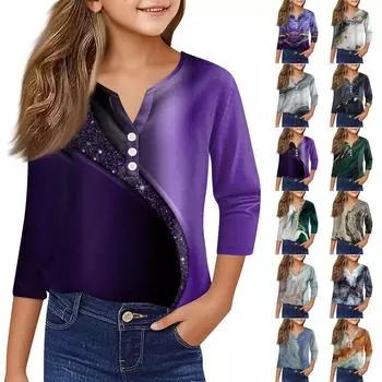 Повседневные модные топы для девочек с принтом, футболка с семью рукавами и пуговицами 100 чёрный