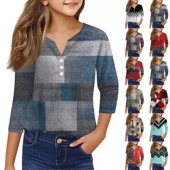 Повседневные модные топы для девочек с принтом, футболка с семью рукавами и пуговицами 100 синий