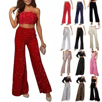 Повседневные модные женские узкие брюки с высокой талией, однотонные широкие брюки с пайетками L бездна