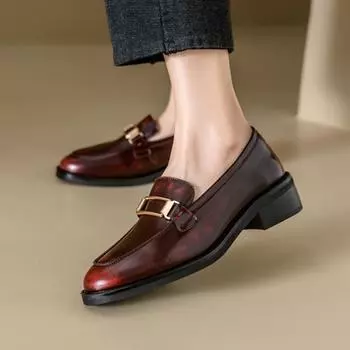 Повседневные мокасины для женщин, женские мокасины из натуральной кожи, британский стиль, средний каблук, круглый носок, одинарные туфли, кожаные туфли без застежек 34 чёрный