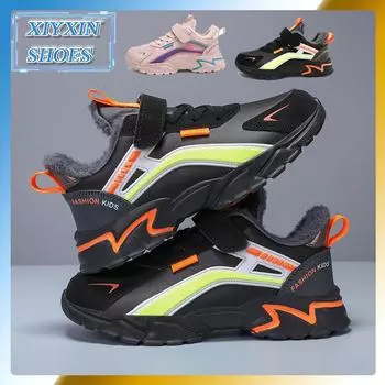 Повседневные мягкие и теплые низкие кроссовки из флиса для девочек, нескользящие кроссовки для ходьбы и бега на открытом воздухе, зимние 3 Big Kid чёрный