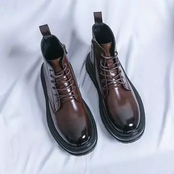 Повседневные мужские ботинки из искусственной кожи, однотонные, высокие, на шнуровке, на толстой подошве, нескользящие, удобные, классические, с круглым носком, деловые, формальные ботинки 38