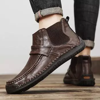Повседневные мужские ботинки ручной работы с меховым спилком из кожи зимние ботильоны большого размера для отдыха обувь для мужчин 38 коричневый